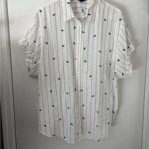 White and Green Striped Womens shirt with stitched cactus